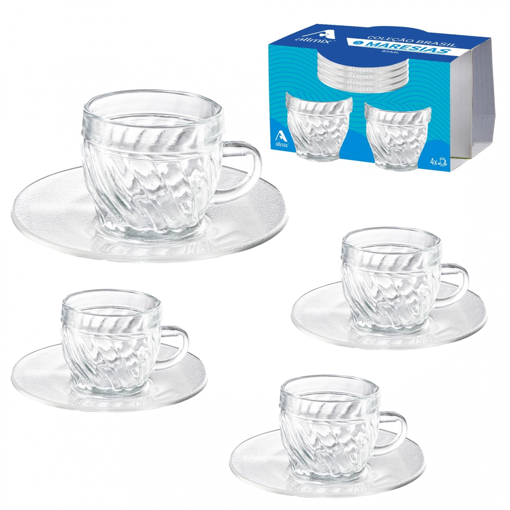 JOGO DE XICARA DE VIDRO COM PIRES PARA CAFE COLECAO BRASIL MARESIAS COM 8 PECAS 85ML
