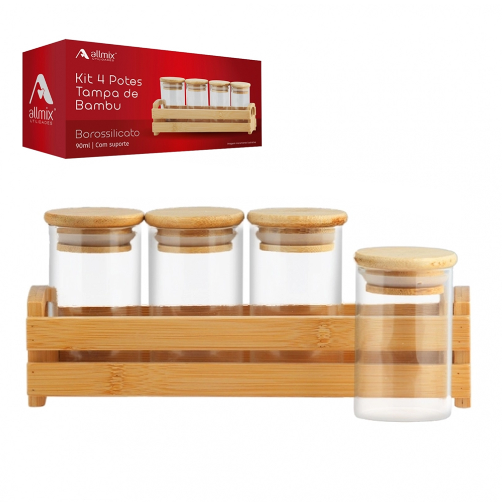 PORTA CONDIMENTO DE VIDRO BOROSSILICATO COM 4 PECAS 90ML + TAMPA E SUPORTE CAIXOTE BAMBU