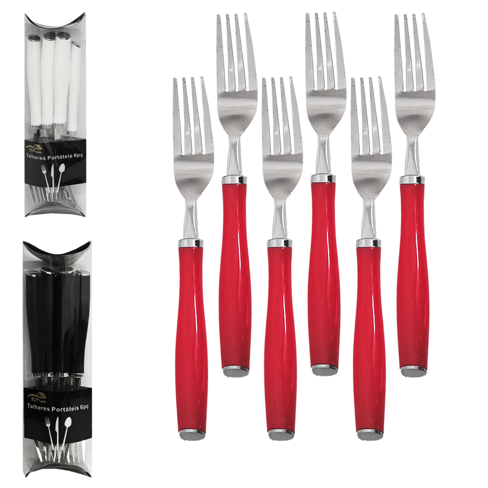 GARFO DE MESA DE INOX CABO PLASTICO BRANCO / PRETO / VERMELHO TOP CASA COM 6 PECAS 20CM NO TUBO