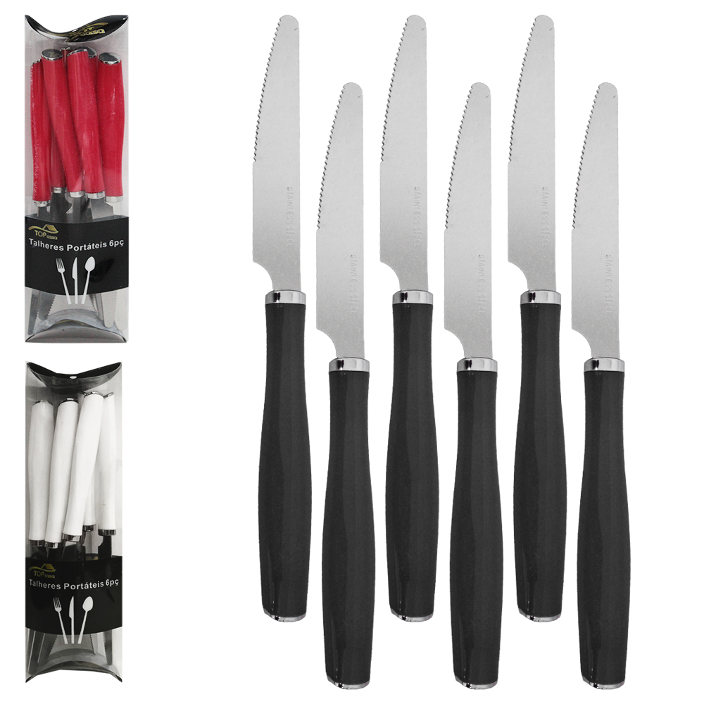 FACA DE MESA DE INOX CABO PLASTICO BRANCO / PRETO / VERMELHO TOP CASA COM 6 PECAS 21CM NO TUBO