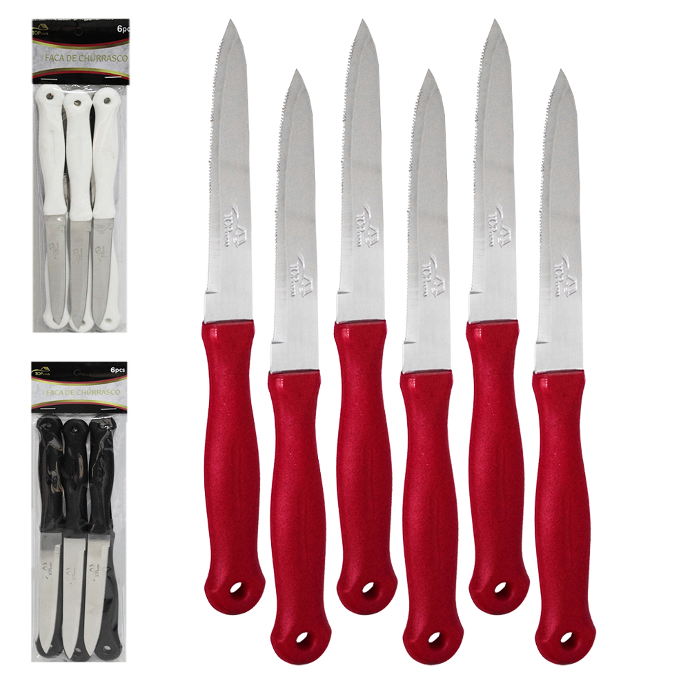 FACA DE CHURRASCO DE INOX CABO PLASTICO BRANCO / PRETO / VERMELHO TOP CASA COM 6 PECAS 20,5CM