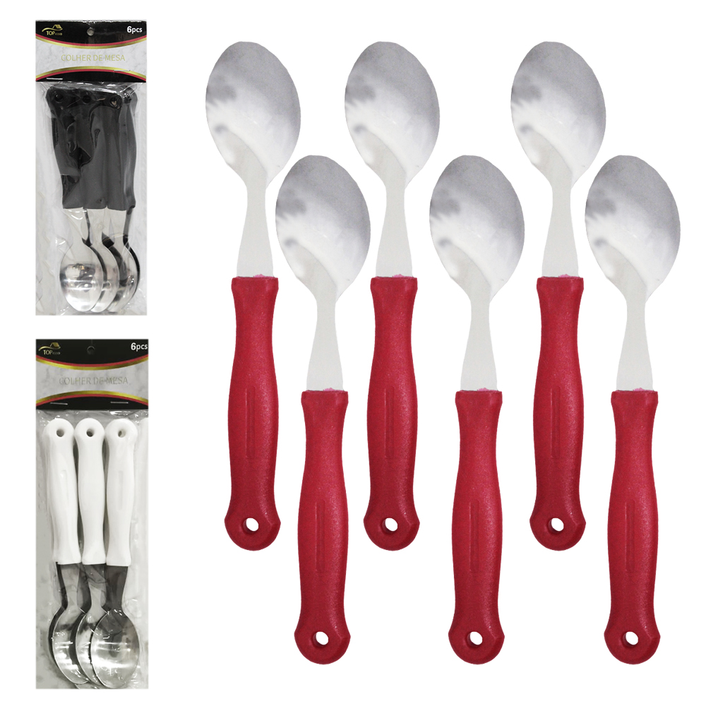 COLHER DE MESA DE INOX CABO PLASTICO BRANCO / PRETO / VERMELHO TOP CASA COM 6 PECAS 19CM