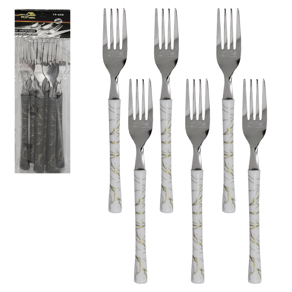 GARFO DE MESA DE INOX CABO PLASTICO MARMORE BRANCO / PRETO TOP CASA COM 6 PECAS 19,5CM