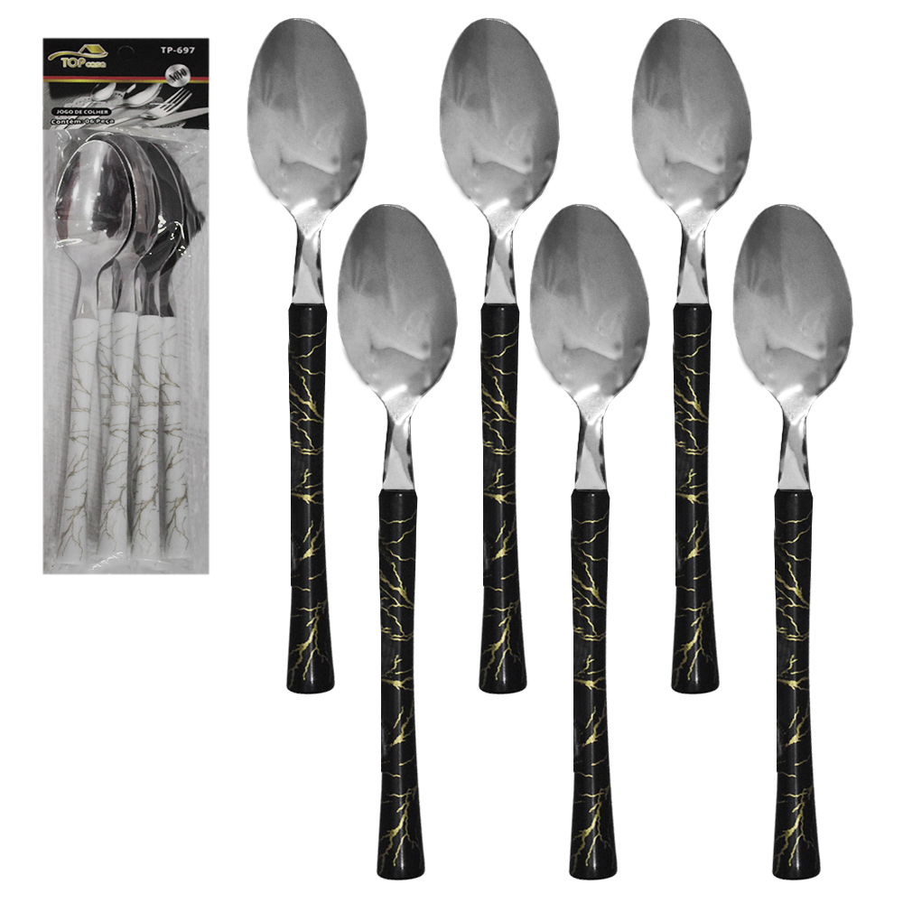 COLHER DE MESA DE INOX CABO PLASTICO MARMORE BRANCO / PRETO TOP CASA COM 6 PECAS 19,5CM