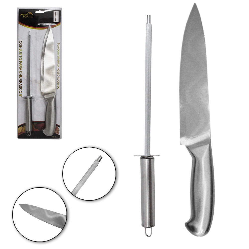 CONJUNTO DE FACA DE CHURRASCO 8'' + CHAIRA 7,5'' DE INOX TOP CASA TD