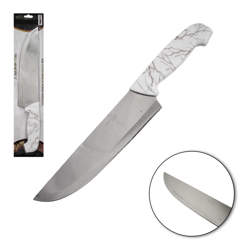 FACA DE CARNE / ACOUGUEIRO DE INOX 9'' CABO PLASTICO MARMORE BRANCO TOP CASA