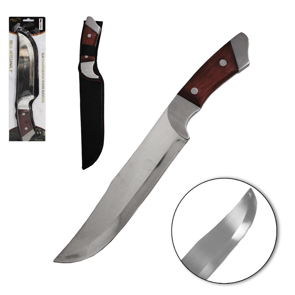 FACA DE CARNE DE INOX COM BAINHA 8'' CABO MADEIRA ARTESANAL TOP CASA