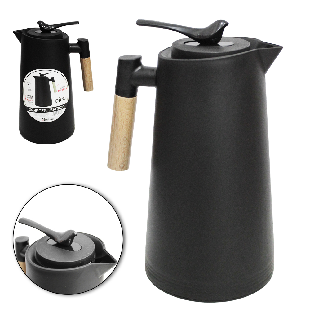 GARRAFA TERMICA COM AMPOLA DE VIDRO + GATILHO PASSARO PRETO E CABO MADEIRA 1L