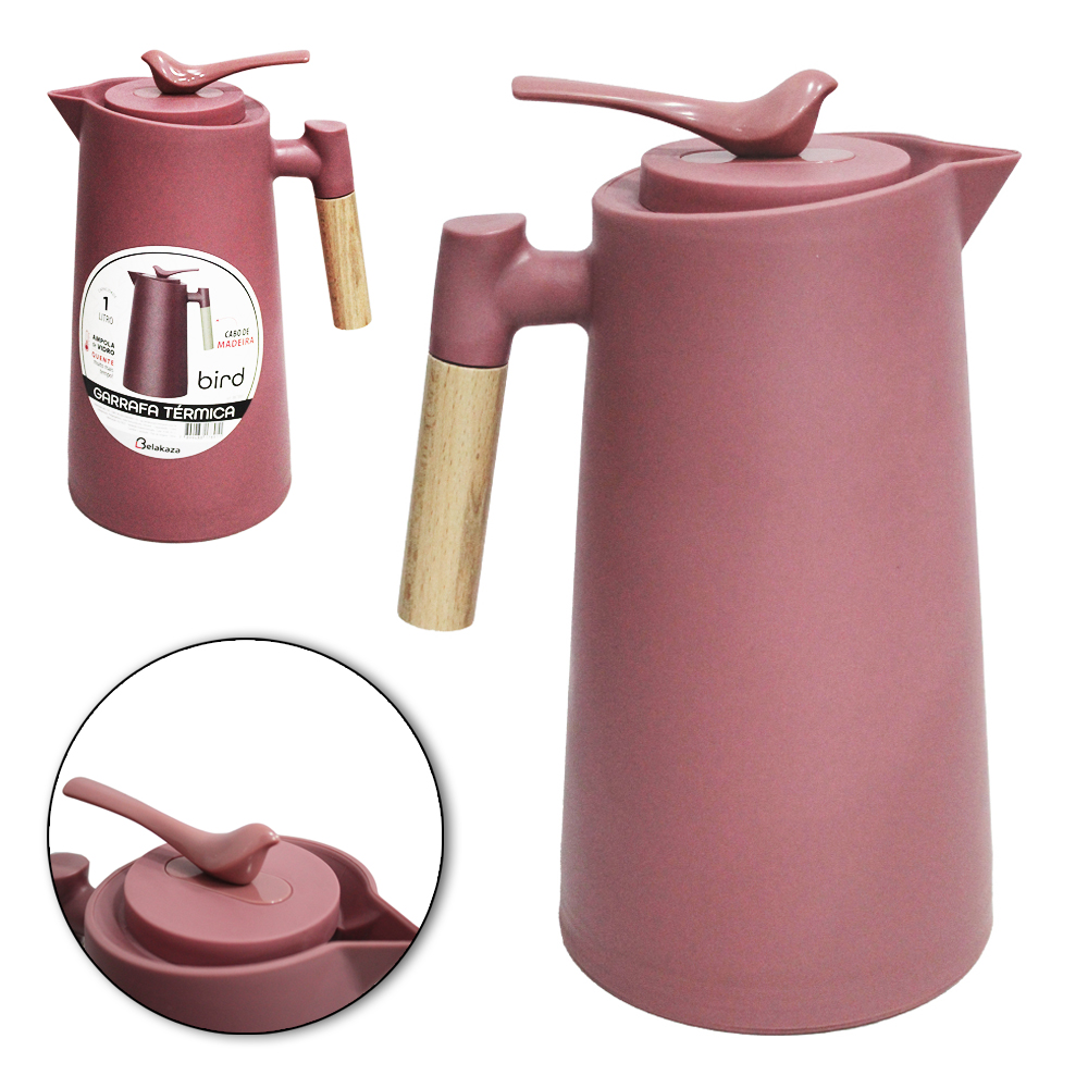 GARRAFA TERMICA COM AMPOLA DE VIDRO + GATILHO PASSARO ROSE E CABO MADEIRA 1L