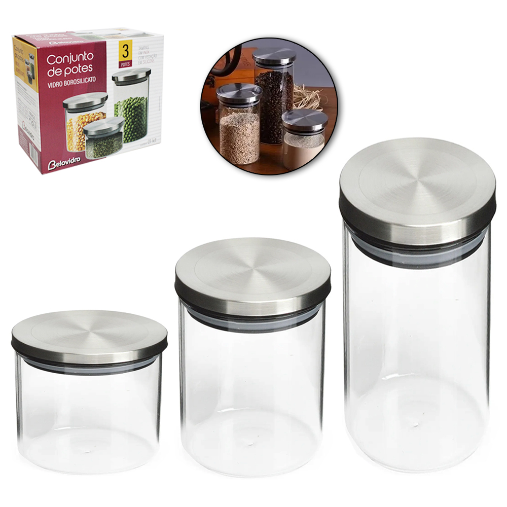 CONJUNTO DE POTE DE VIDRO BOROSSILICATO REDONDO COM TAMPA HERMETICA DE INOX COM 3 PECAS 950 / 600 / 290ML