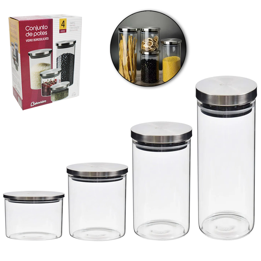CONJUNTO DE POTE DE VIDRO BOROSSILICATO REDONDO COM TAMPA HERMETICA DE INOX COM 4 PECAS 1200 / 950 / 600 / 290ML