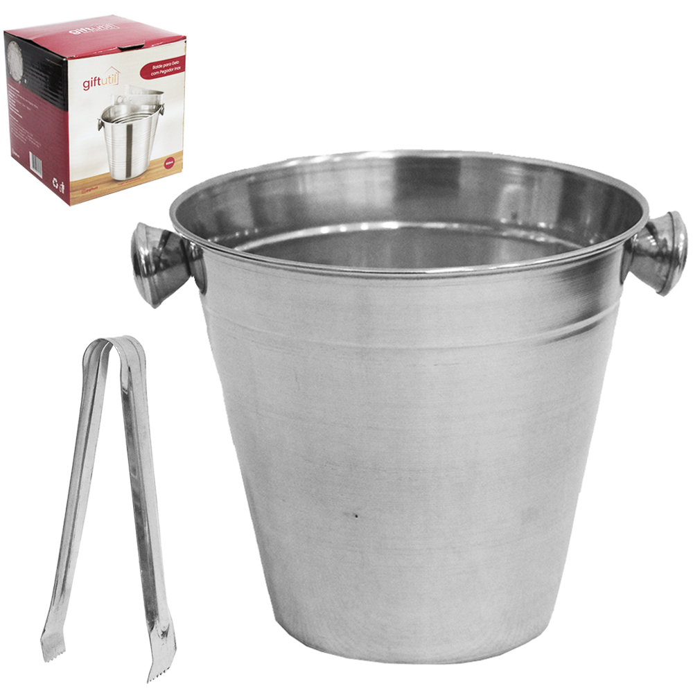 BALDE DE GELO DE INOX REDONDO COM ALCA E PEGADOR 900ML 11,6X12,3CM DE Ø