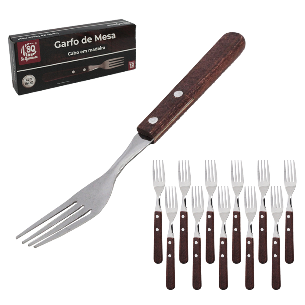 GARFO DE MESA DE INOX CABO MADEIRA COM 12 PECAS 20,5CM