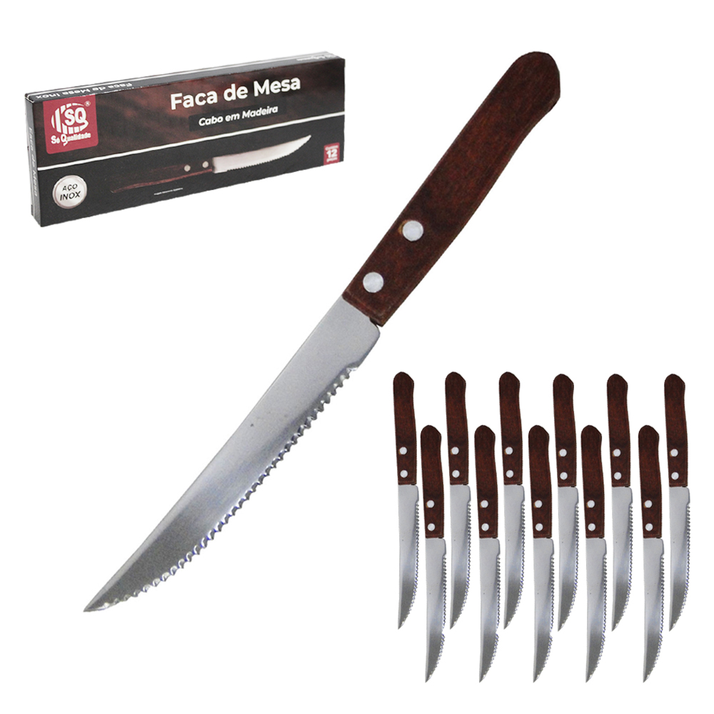 FACA DE MESA DE INOX CABO MADEIRA COM 12 PECAS 22CM