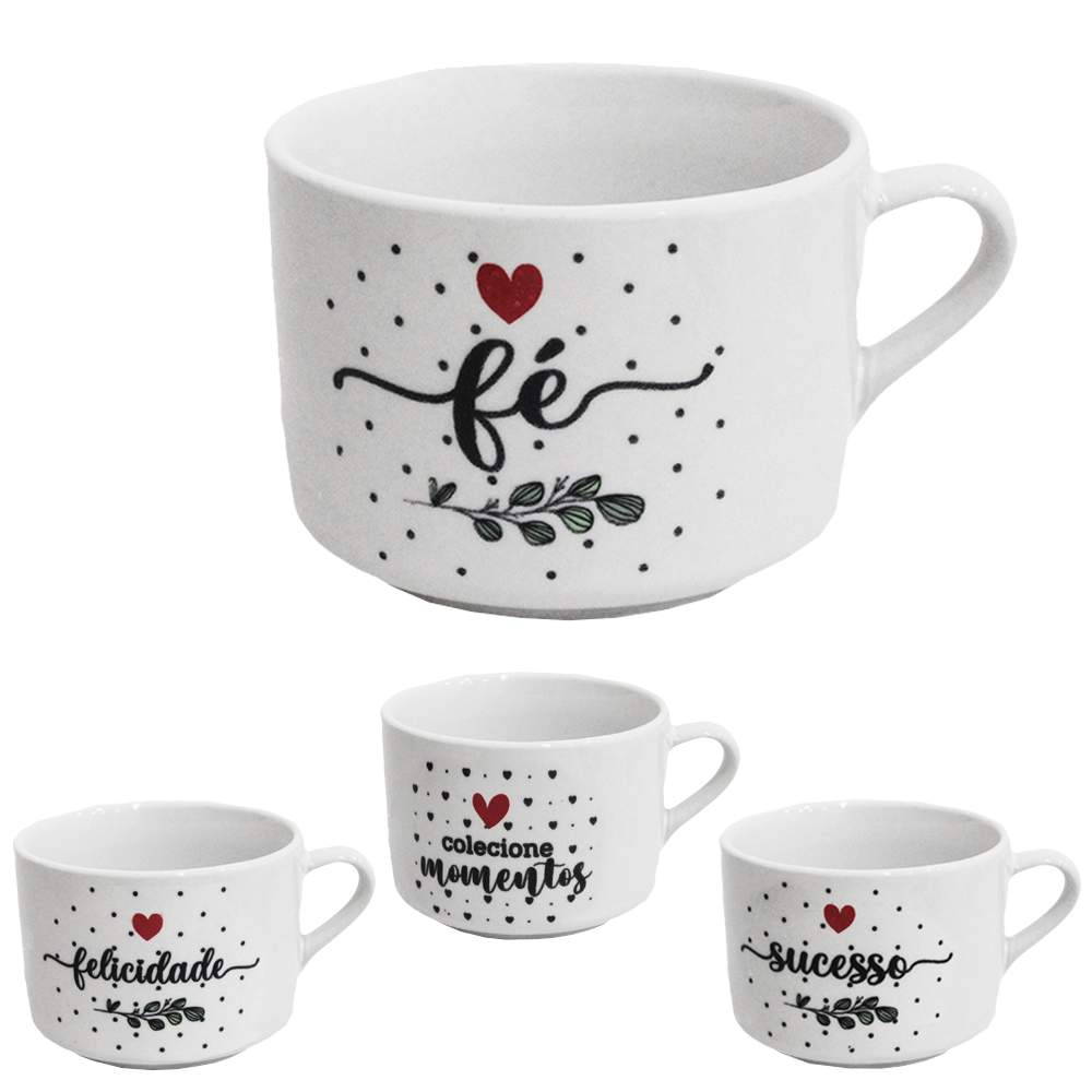 XICARA DE PORCELANA PARA CHA LISA DECORADA DIZERES 150ML