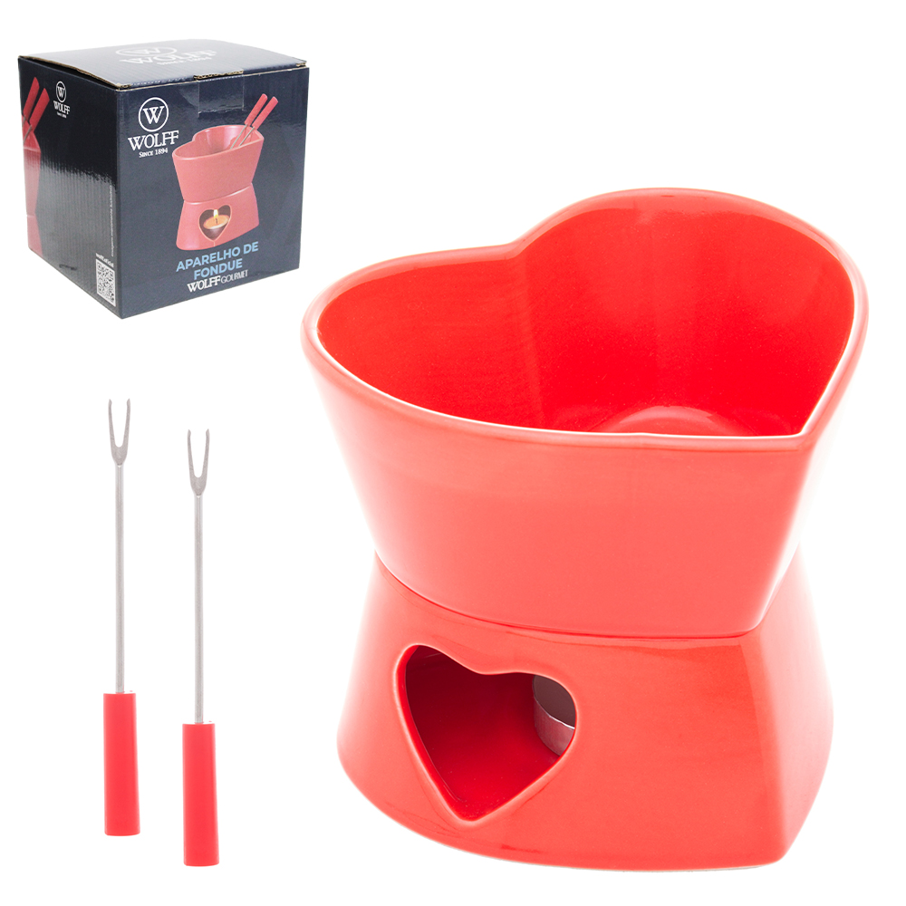JOGO DE FONDUE DE PORCELANA CORACAO COM 2 GARFOS + PANELA + SUPORTE E VELA VERMELHO WOLFF GOURMET 400ML