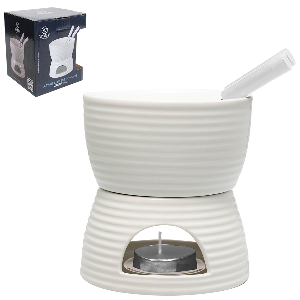JOGO DE FONDUE DE PORCELANA REDONDO COM 2 GARFOS + PANELA + SUPORTE E VELA BRANCO WOLFF GOURMET 300ML