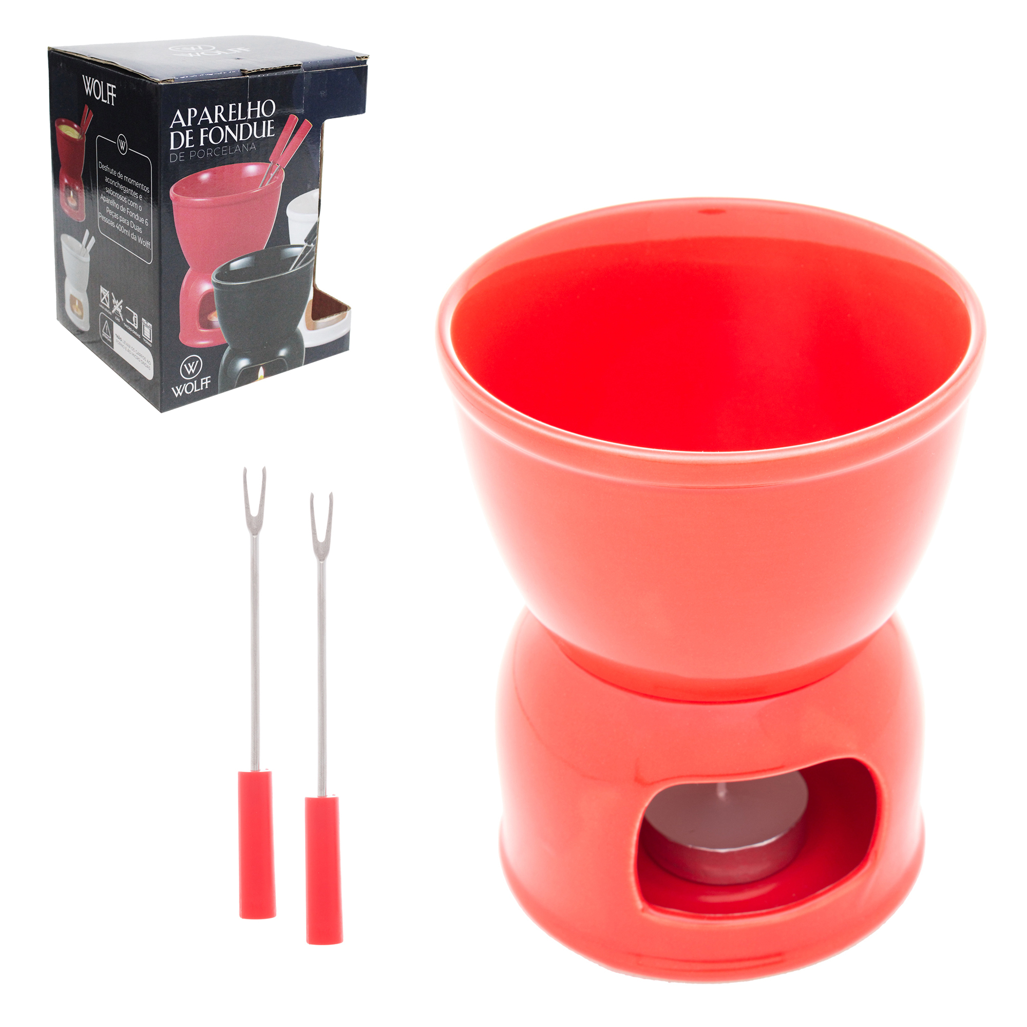 JOGO DE FONDUE DE PORCELANA REDONDO COM 2 GARFOS + PANELA + SUPORTE E VELA VERMELHO WOLFF 400ML