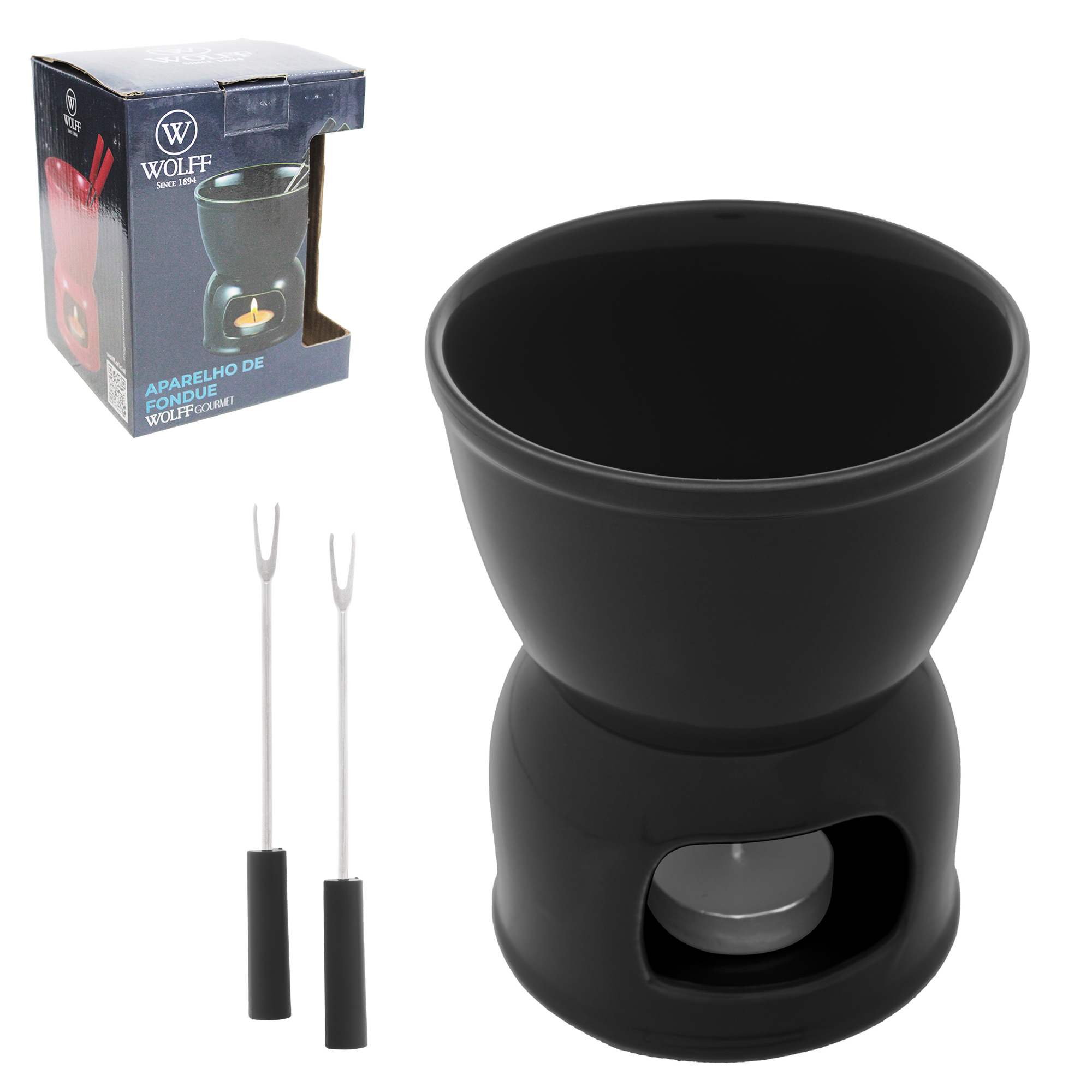 JOGO DE FONDUE DE PORCELANA REDONDO COM 2 GARFOS + PANELA + SUPORTE E VELA PRETO WOLFF GOURMET 400ML