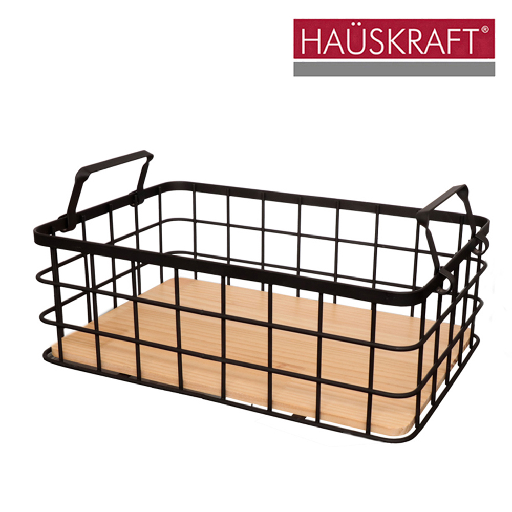 CESTA FRUTEIRA DE MESA ARAMADO / MADEIRA RETANGULAR COM ALCA BLACK HAUSKRAFT 33,5X22,5X10,5CM
