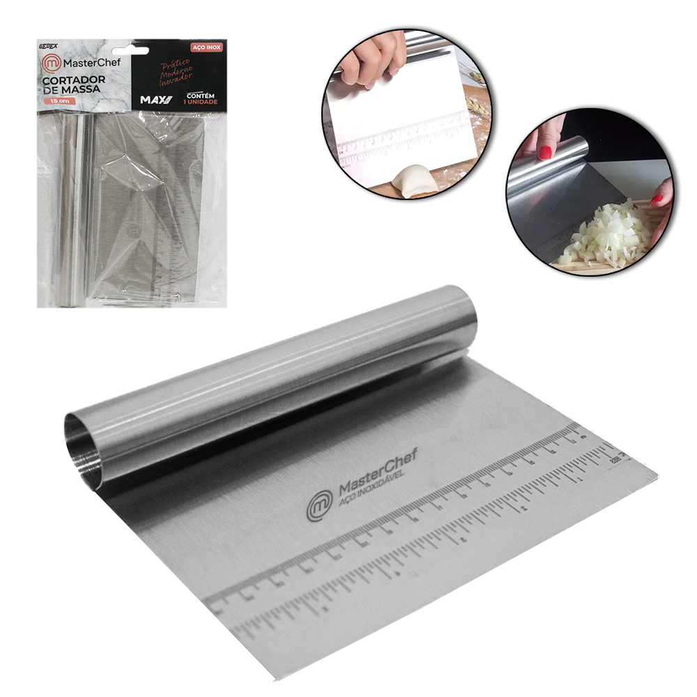 ESPATULA DE COZINHA CORTADOR / RASPADOR DE INOX COM REGUA MULTIUSO MAX PRO MASTER CHEF 15X11CM