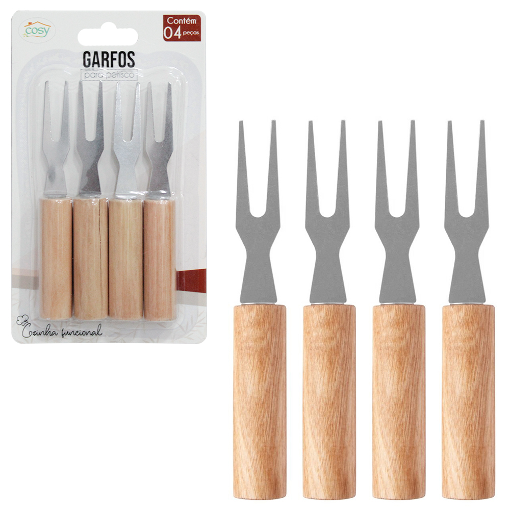GARFO / GARFINHO PARA FRUTAS E PETISCOS DE INOX CABO MADEIRA COM 4 PECAS 10,5CM