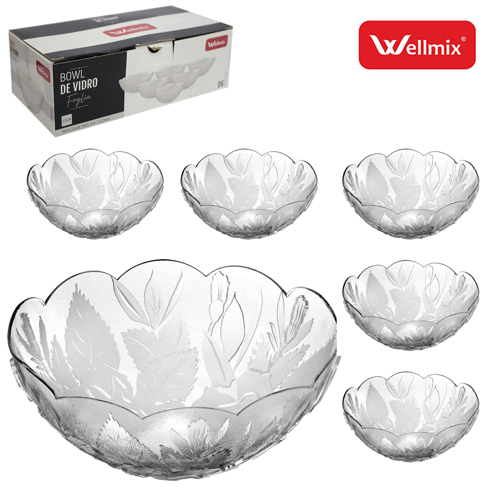 JOGO DE TIGELA DE VIDRO REDONDA PARA SOBREMESA FOGLIA TRANSPARENTE COM 6 PECAS 350ML 12,5CM DE Ø