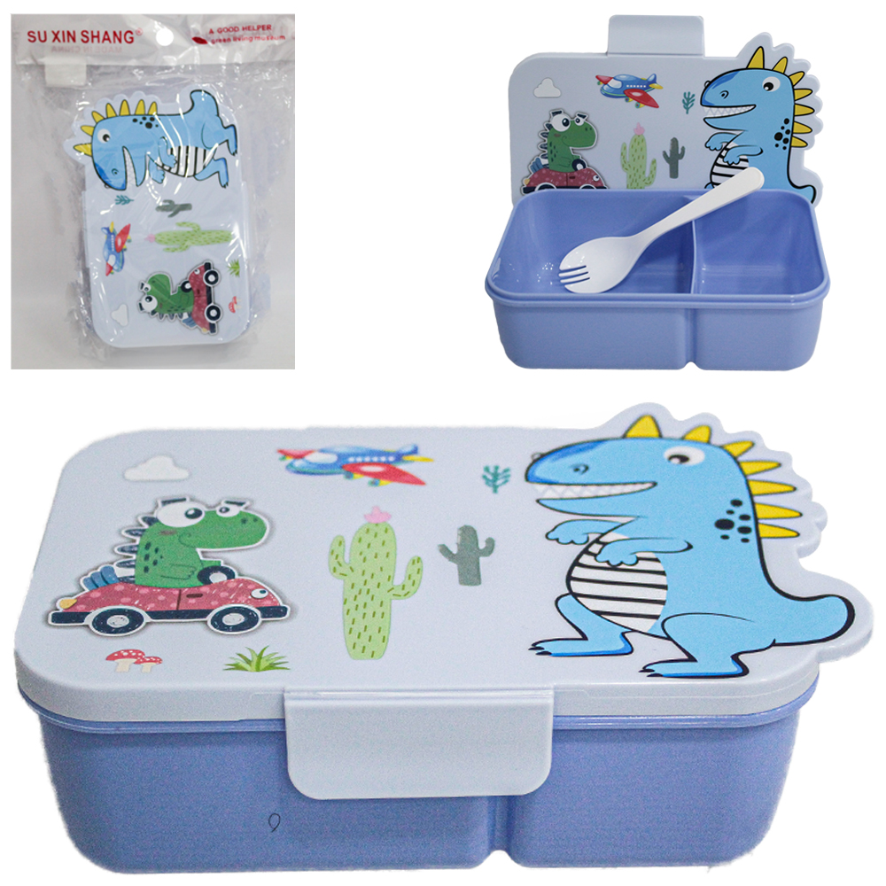 MARMITA DE PLASTICO DINOSSAURO COM 2 DIVISORIAS + COLHER 17,5X11X6CM
