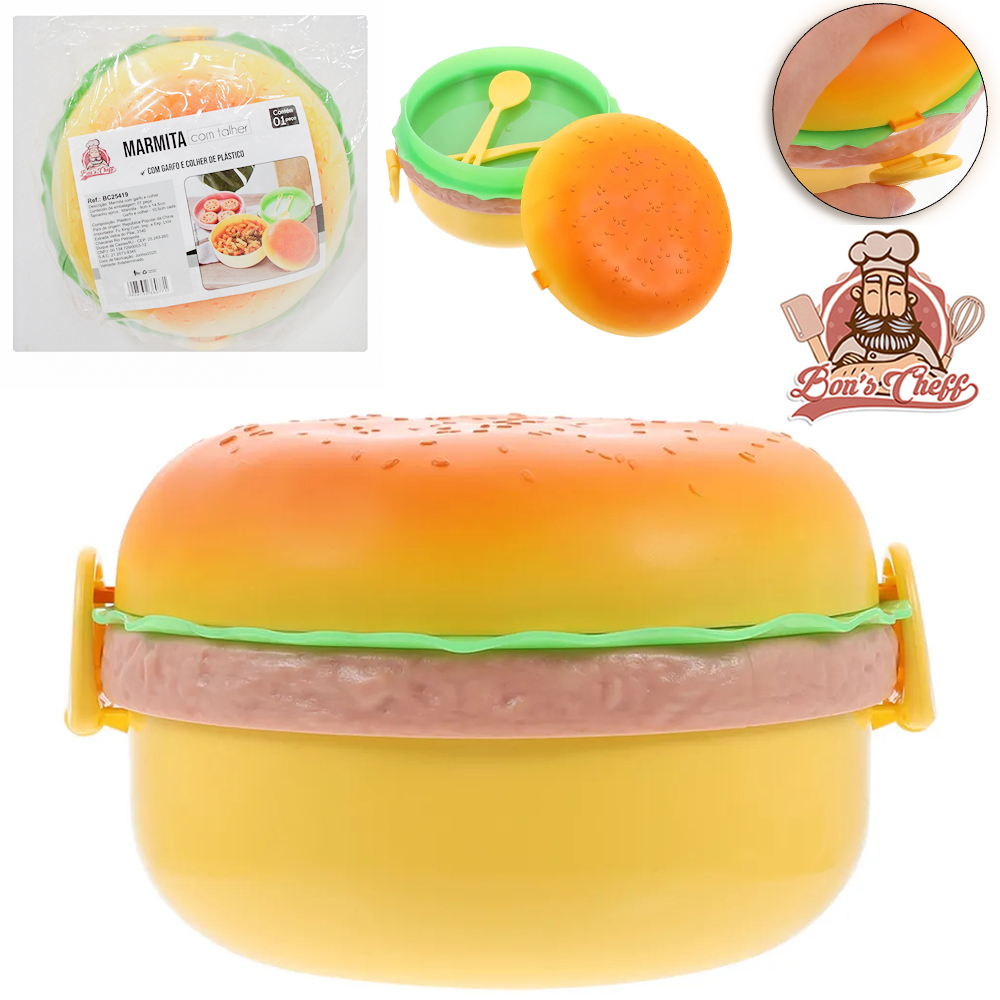 MARMITA DE PLASTICO HAMBURGUER COM BANDEJA + TRAVA LATERAL + COLHER E GARFO 9X14,5CM DE Ø BONS CHEFF