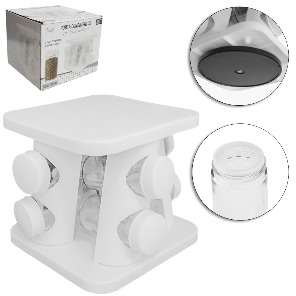 PORTA CONDIMENTO DE VIDRO / PLASTICO COM 8 PECAS 90ML + SUPORTE GIRATORIO QUADRADO