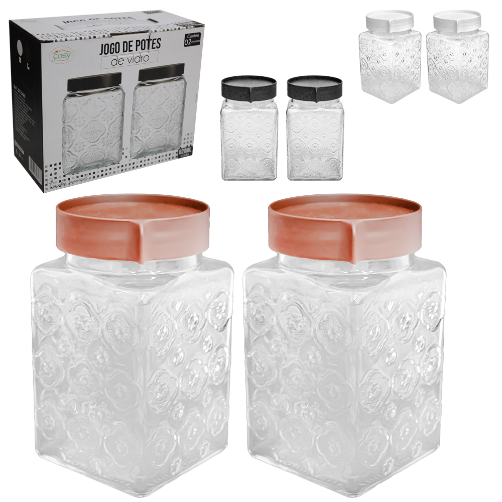 CONJUNTO DE POTE DE VIDRO QUADRADO COM TAMPA DE PLASTICO 2 PECAS 620ML