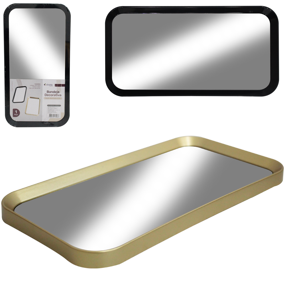 BANDEJA DE PLASTICO COM ESPELHO RETANGULAR DECORATIVA DECOR 28X14,8X1,5CM