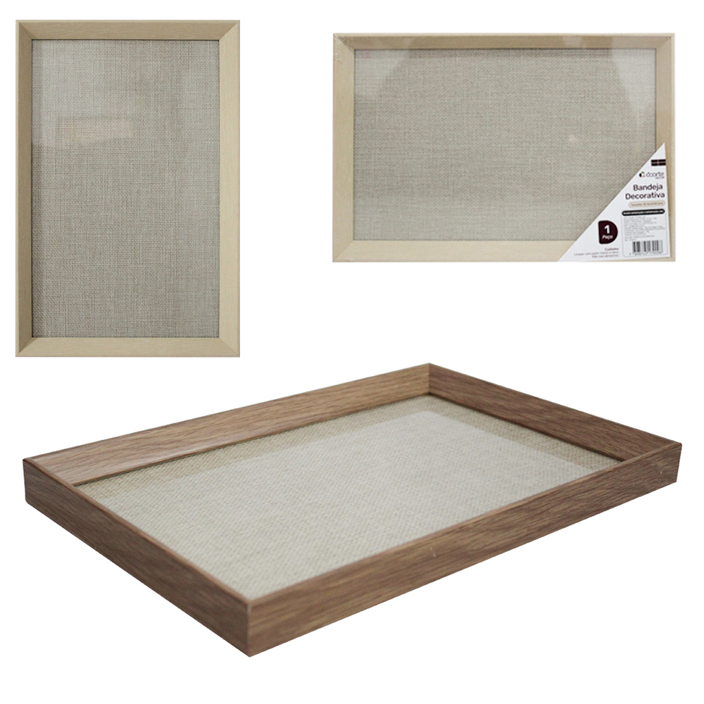 BANDEJA DE PLASTICO TIPO MADEIRA COM FUNDO DE POLIESTER / VIDRO RETANGULAR DECORATIVA DECOR 30,3X20,3X2,5CM