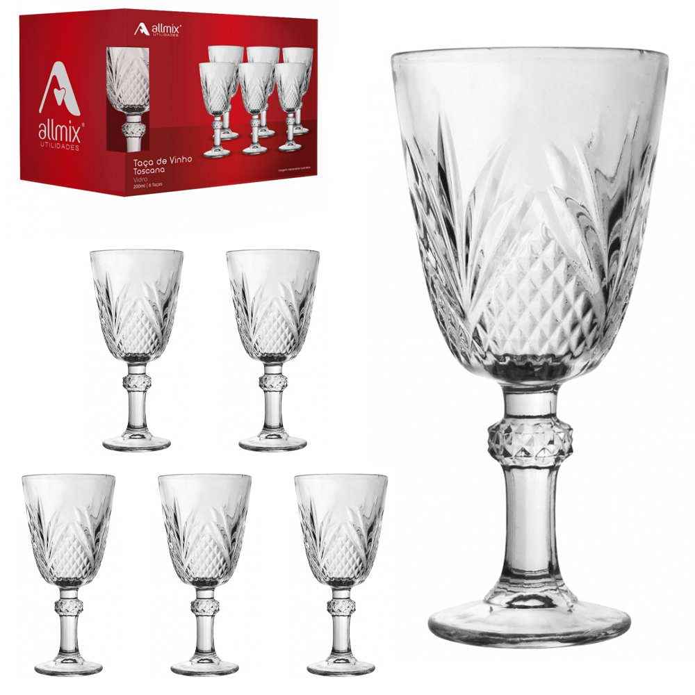 JOGO DE TACA DE VIDRO PARA AGUA / VINHO TOSCANA COM 6 PECAS 200ML