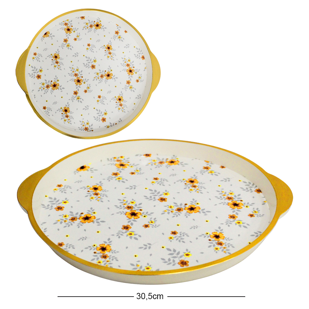 BANDEJA DE PLASTICO REDONDA FLORAL COM ALCA + BORDA DOURADA 2X33,2X30,5CM DE Ø