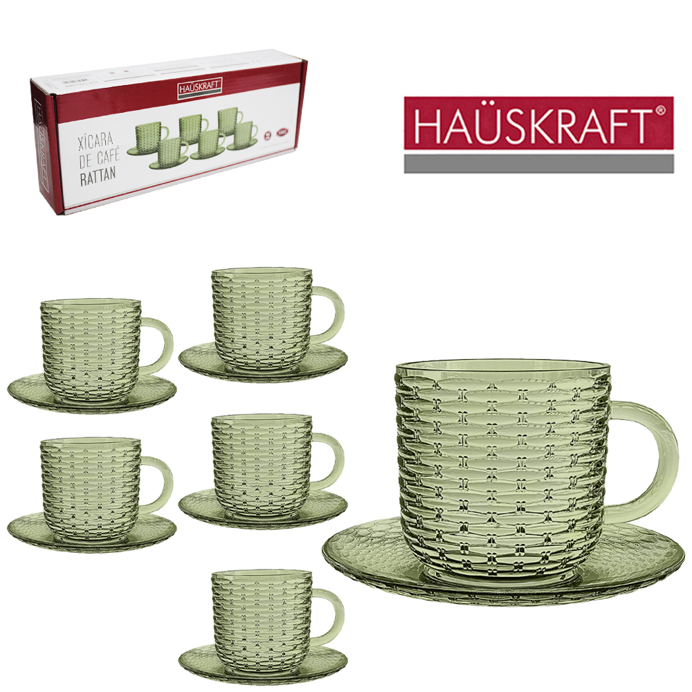 JOGO DE XICARA DE VIDRO COM PIRES PARA CAFE RATTAN VERDE HAUSKRAFT COM 12 PECAS 90ML 