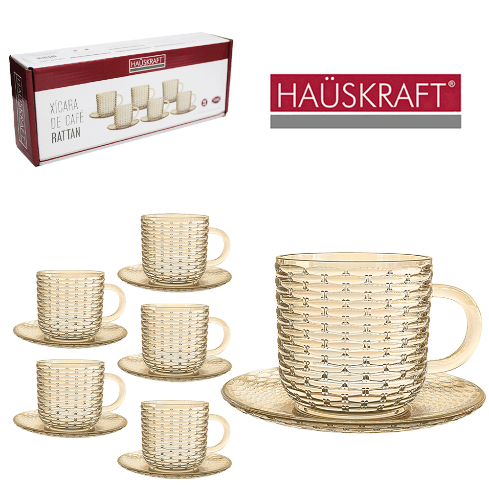 JOGO DE XICARA DE VIDRO COM PIRES PARA CAFE RATTAN AMBAR HAUSKRAFT COM 12 PECAS 90ML