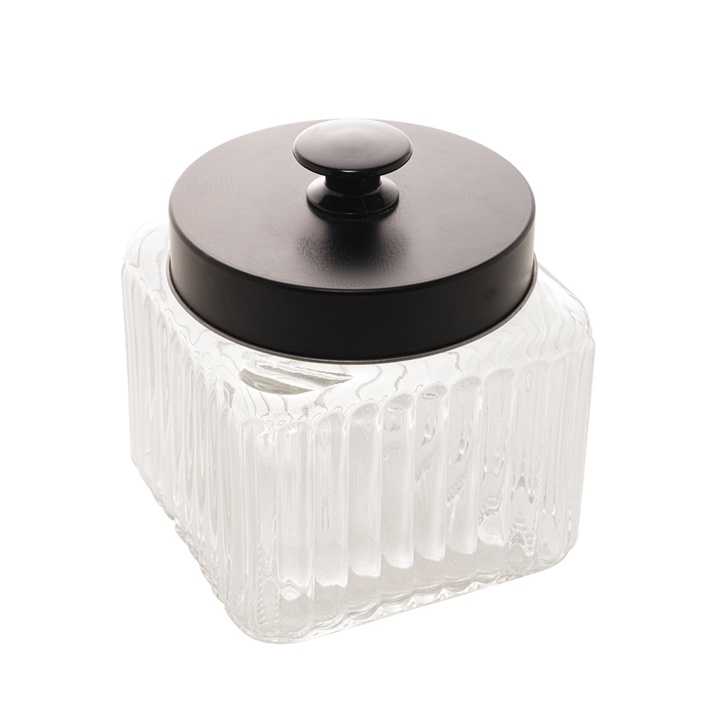 POTE DE VIDRO QUADRADO PARA MANTIMENTOS COM TAMPA DE METAL PRETA VEGAS 800ML