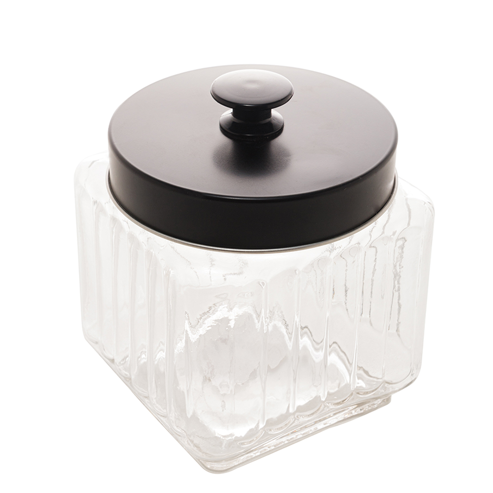POTE DE VIDRO QUADRADO PARA MANTIMENTOS COM TAMPA DE METAL PRETA VEGAS 1,2L