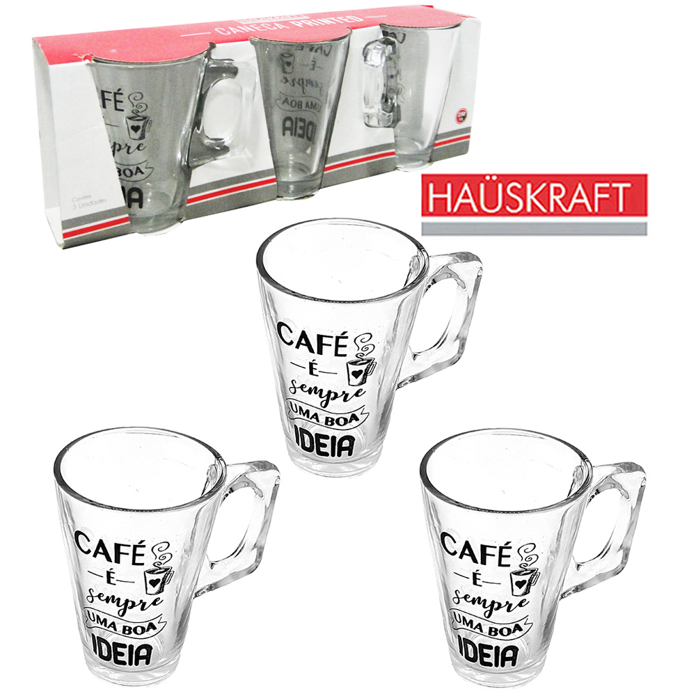 JOGO DE CANECA XICARA DE VIDRO PARA CAFE / CAPPUCCINO PRINTED HAUSKRAFT COM 3 PECAS 230ML
