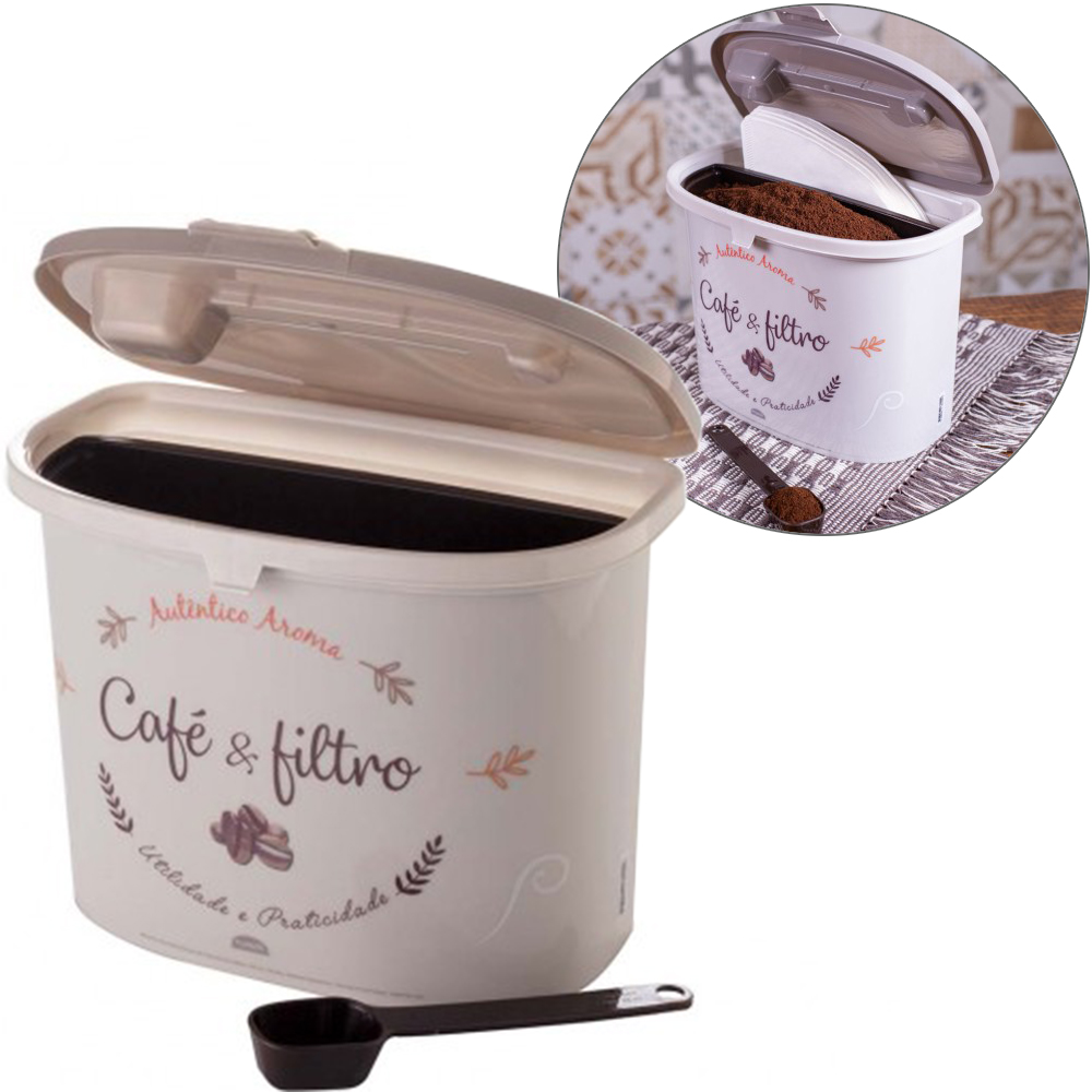 POTE DE PLASTICO PARA CAFE E FILTRO / COADOR DE PAPEL COM COLHER + TAMPA E TRAVA 1,5L