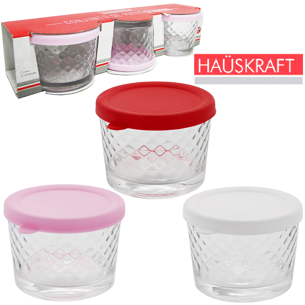 CONJUNTO DE POTE DE VIDRO REDONDO COM TAMPA DE PLASTICO DIAMOND HAUSKRAFT 3 PECAS 220ML