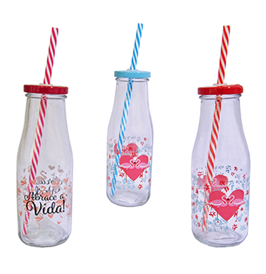 GARRAFA DE VIDRO COM CANUDO CORUJA/FLAMINGO 400ML 