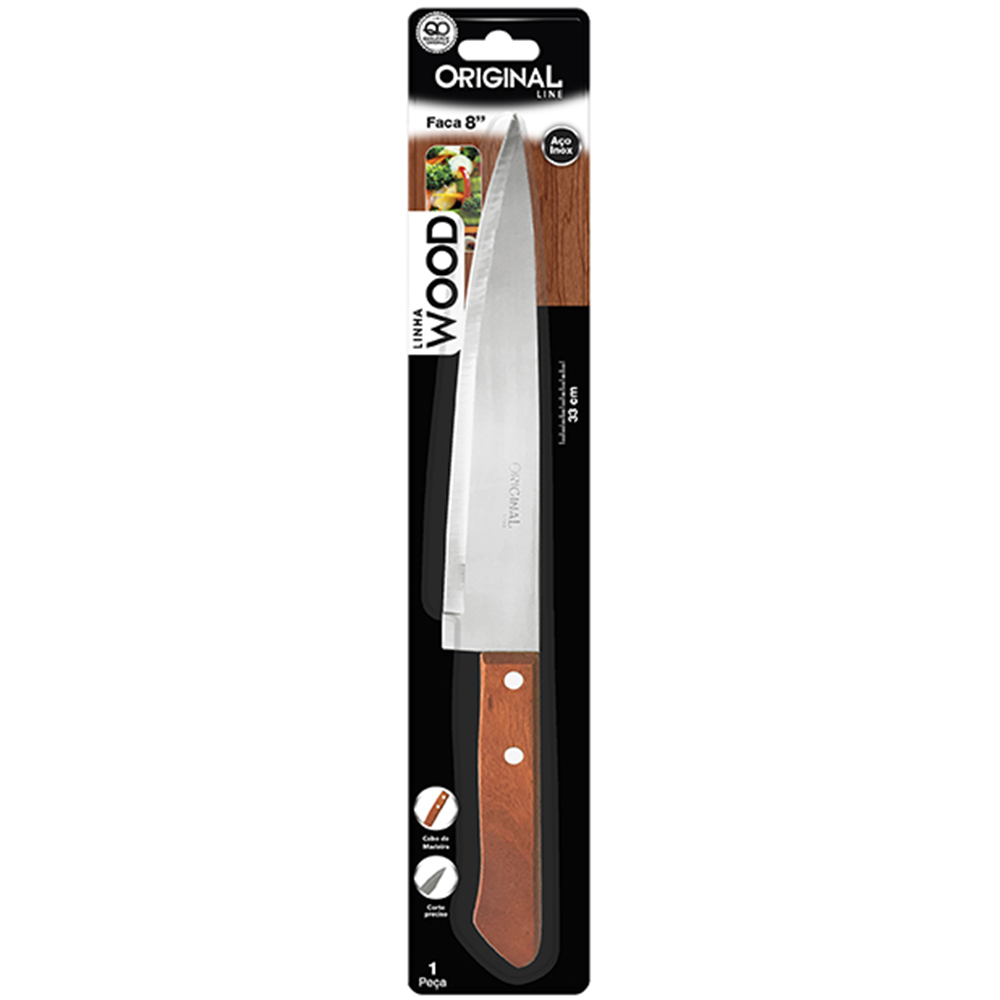 FACA DE CARNE / PEIXEIRA DE INOX 8'' CABO MADEIRA WOOD NA CARTELA 