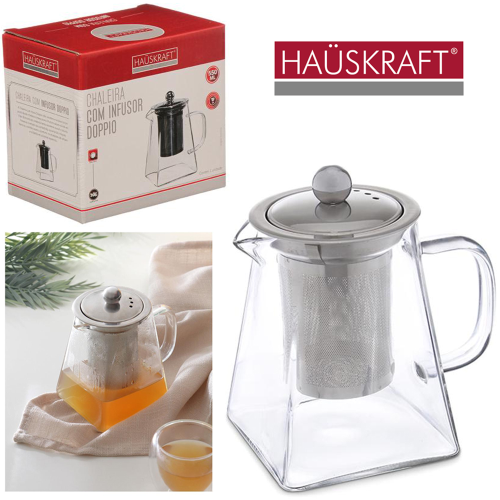 CHALEIRA DE VIDRO QUADRADA COM INFUSOR E TAMPA DE INOX DOPPIO HAUSKRAFT 550ML