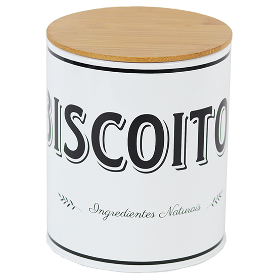 POTE DE LATA REDONDO BRANCO PARA BISCOITOS COM TAMPA TIPO MADEIRA / BAMBU 2,3L