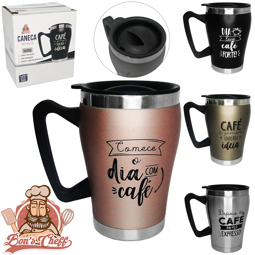 CANECA TERMICA DE INOX COM TAMPA DE PLASTICO COLORS FRASES CAFE 360ML BONS CHEFF