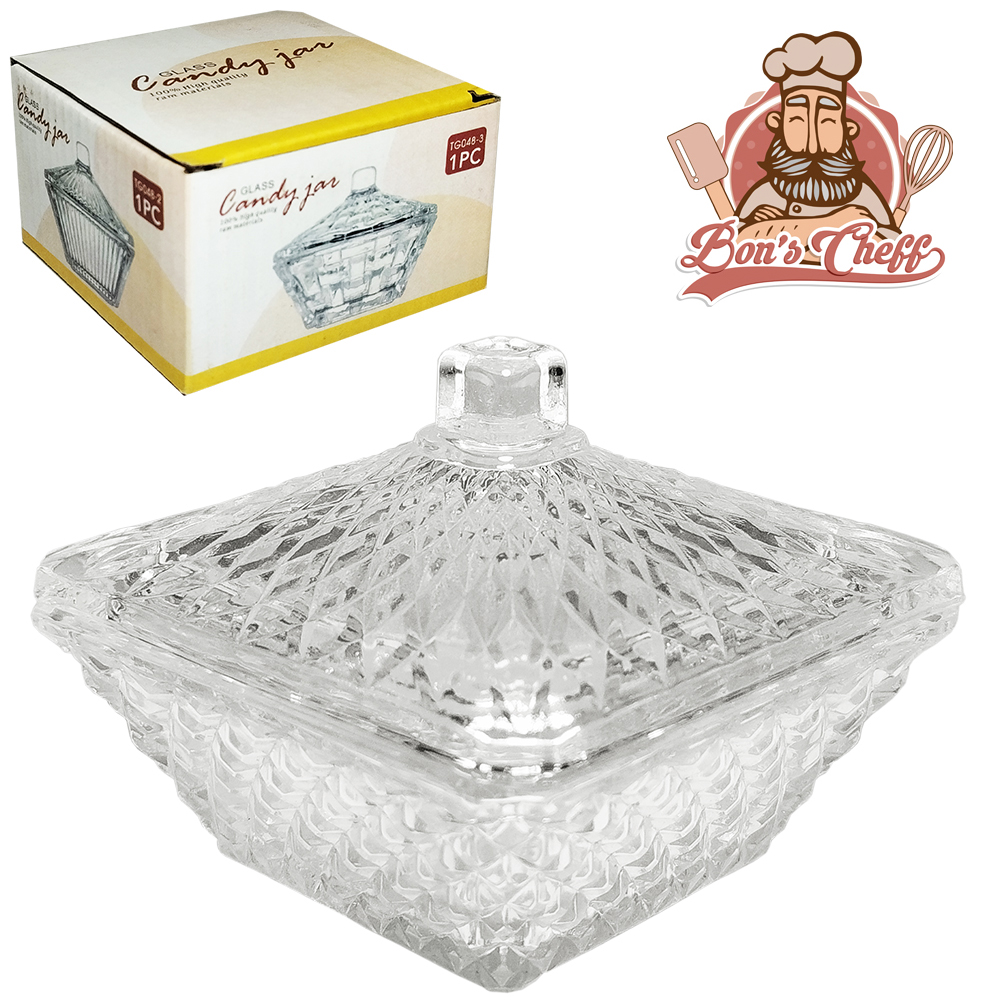 BOMBONIERE DE VIDRO COM TAMPA SQUARE 7,5X7,5CM BONS CHEFF