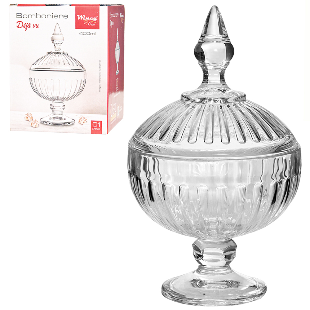 BOMBONIERE DE VIDRO COM PE E TAMPA DEJA VU 400ML 21X12CM DE Ø