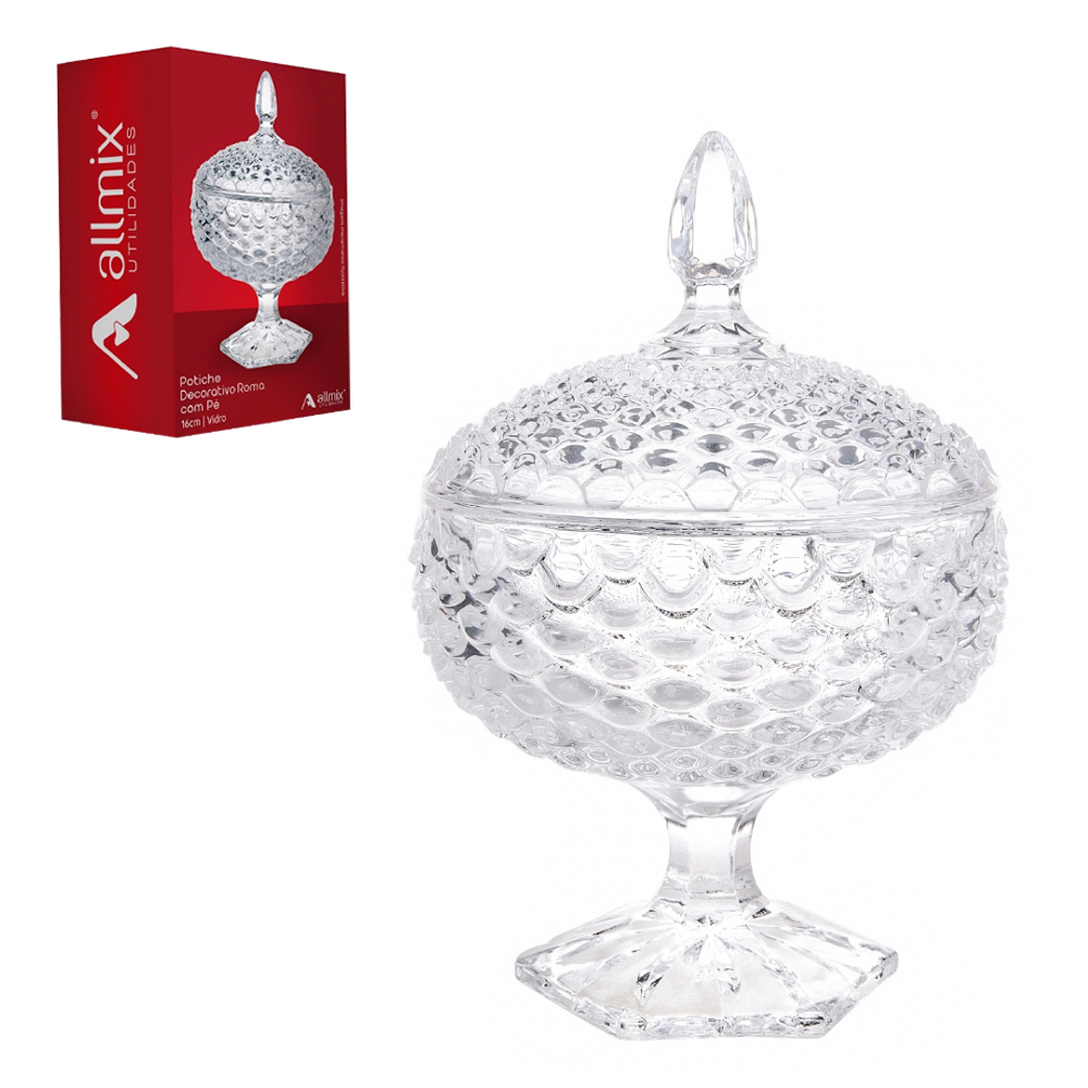 BOMBONIERE DE VIDRO COM PE E TAMPA ESCAMAS ROMA 24,5X16CM DE Ø